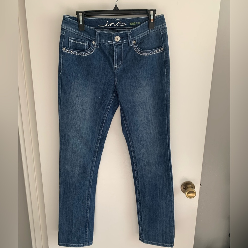 Rhinestone trimmed straight legged jeans